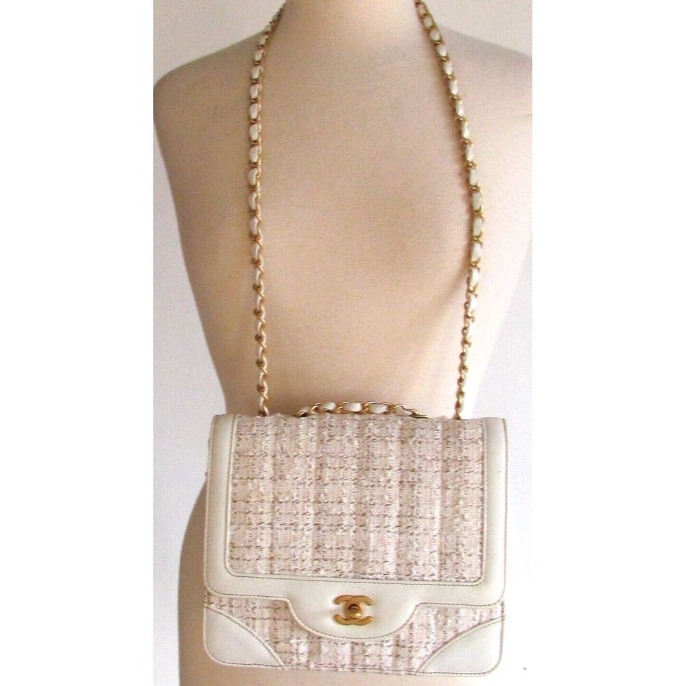Women Designer Chanel Vintage Flap White Leather &Tweed Shoulder Bag